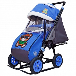 Санки-коляска Snow Galaxy City-1-1, дизайн - зелёный Мишка на синем, на больших надувных колёсах, сумка и варежки (Galaxy, 7071rt)